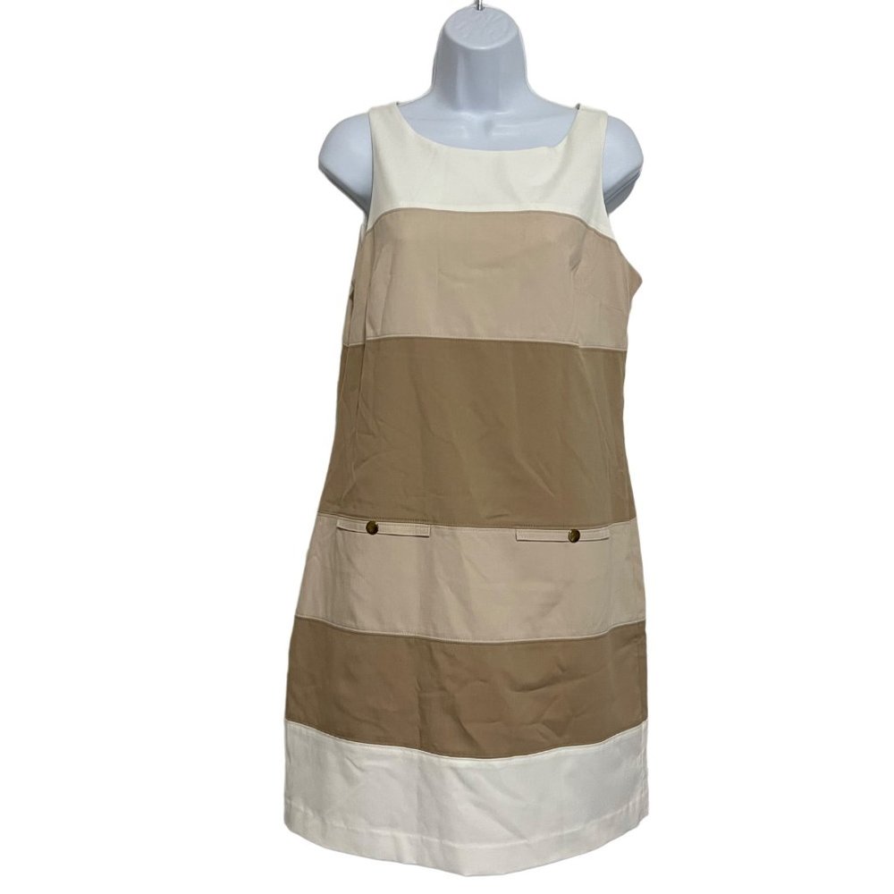 White House Black Market Sleeveless Tress Tan and Cream Wide Striped Size 6